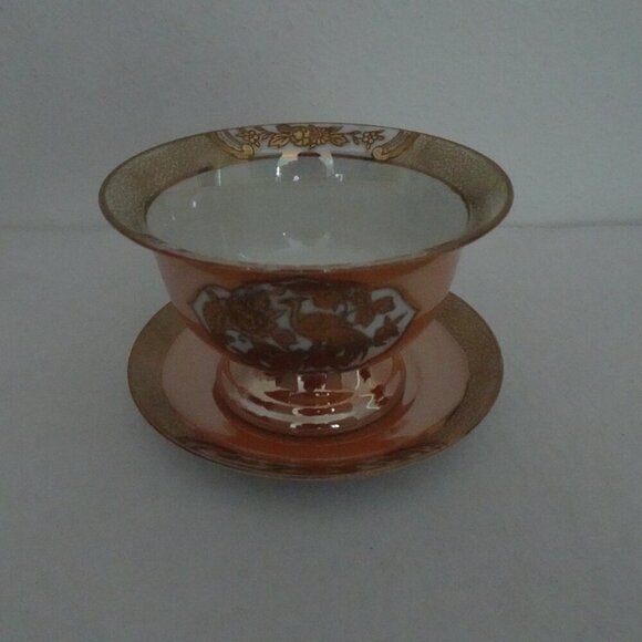 Noritake Orange Lusterware Mayo Condiment Footed Bowl Underplate Peasant Bird - Picture 2 of 11